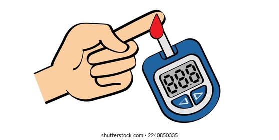 Glucometro o glucómetro. Análisis de azúcar en sangre, nivel de exposición. Día mundial de la diabetes. Gente malsana con sobrepeso, obesidad. Manos humanas y levantaron el índice. Dedo y gotas de sangre. 