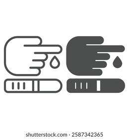 Glucose meter strip strip with hand line and solid icon, medical test concept. Vector graphics. Finger drop with sample stick sign on white background, outline style icon for mobile or web design