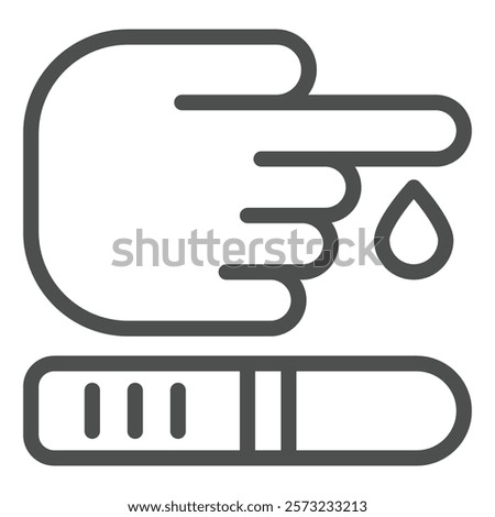 Glucose meter strip strip with hand line icon, medical test concept. Vector graphics. Finger drop with sample stick sign on white background, outline style icon for mobile or web design