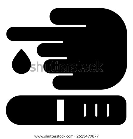 Glucose meter strip strip with hand solid icon, medical test concept. Vector graphics. Finger drop with sample stick sign on white background, glyph style mobile or design