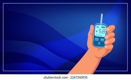 Glucose meter with a test strip in hand. Device for self monitoring of glucose level in blood, showing 5.8 result. Blue wavy background with copyspace. Healthcare illustration for prints