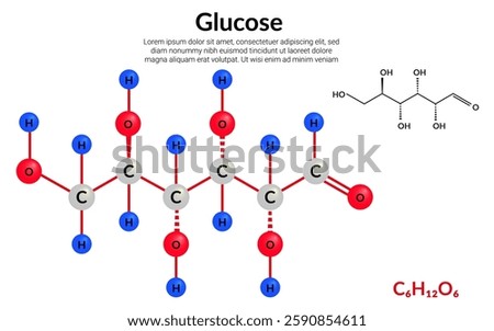 Glucose, molecular structure formula, ball-and-stick model, suitable for education or chemistry science content. Vector illustration