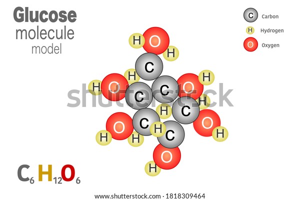 Glucose molecule model, molecule is formed from 6\
carbon atoms, 12 hydrogen atoms and 6 oxygen atoms linked together.\
The molecular formula for glucose is C6H12O6. Sugar diagram,\
infographic. Vector