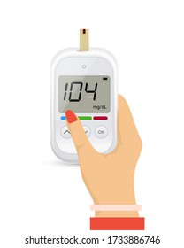Prueba de azúcar de glucosa en icono de mano. Monitor de sangre del vector del glucómetro. Dispositivo de control de insulina del contador de azúcar de diabetes