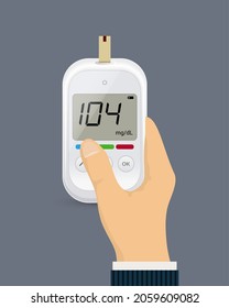 Glucose Sugar Test In Hand Icon. Glucometer Vector Blood Monitor. Diabetes Sugar Meter Insulin Control Device