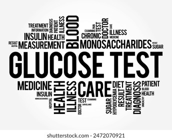Glukosetest - misst die Glukosespiegel in Ihrem Blut, Wort Wolke Konzept Hintergrund