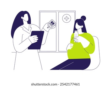 Prueba de tolerancia a la glucosa Ilustración vectorial de concepto abstracto. La mujer embarazada bebe jarabe de glucosa, enfermera que toma la prueba de azúcar en sangre, examen médico, diabetes y metáfora abstracta del metabolismo.