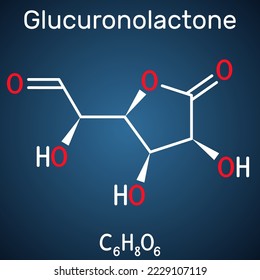 Glucuronolactone molecule. It is naturally occurring substance, used in energy drinks. Structural chemical formula on the dark blue background. Vector illustration