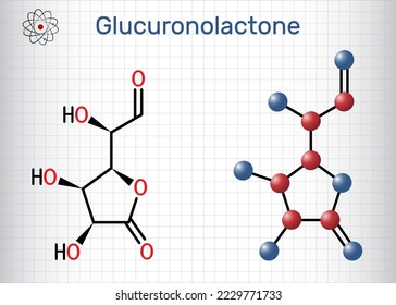 Glucuronolactone molecule. It is naturally occurring substance, used in energy drinks. Structural chemical formula and molecule model. Sheet of paper in a cage. Vector illustration