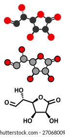 Glucuronolactone molecule. Used in food supplements and energy drinks. Stylized 2D renderings and conventional skeletal formula.
