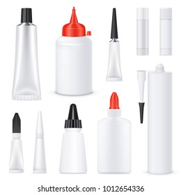 Glue black red white nozzles on white blank bottles tubes sticks realistic templates set isolated vector illustration 