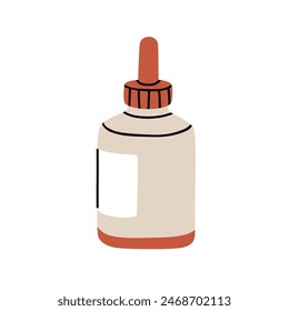 Glue bottle. Adhesive liquid in container. PVA with dripper cap, lid. Office stationery, supplies. Sticking fluid in package, Fixing essence. Flat vector illustration isolated on white background
