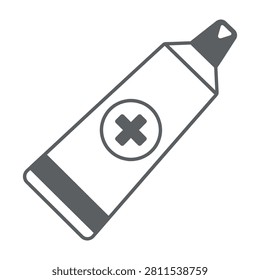 A glue bottle with a cross symbol on its label, indicating not for use or warning