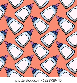 Glue in bottle, seamless pattern on orange background.