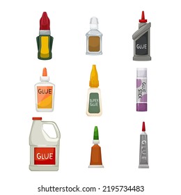 Glue Bottle Set Cartoon. Stick Tube, Adhesive Container, Liquid School, Office Sticky, Craft Glue Bottle Vector Illustration