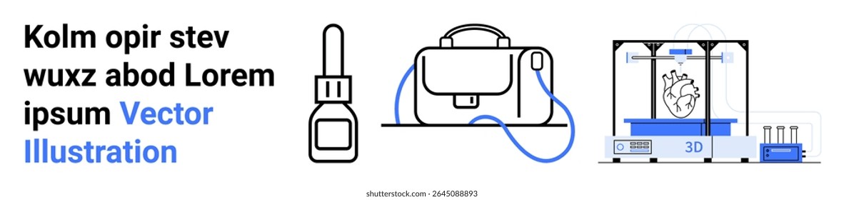 Garrafa de cola, bolsa elegante, impressora 3D produzindo gráfico cardíaco. Ideal para design de produtos, e-commerce, blogs tecnológicos, marketing, conteúdo educacional, projetos criativos, infográficos. Página inicial