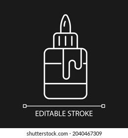 Glue bottle white linear icon for dark theme. Craft supplies. Bonding together paper materials. Thin line customizable illustration. Isolated vector contour symbol for night mode. Editable stroke