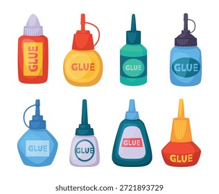 Glue bottles. Plastic containers for glue exact vector stationary tools for office supply