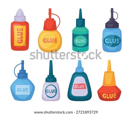 Glue bottles. Plastic containers for glue exact vector stationary tools for office supply
