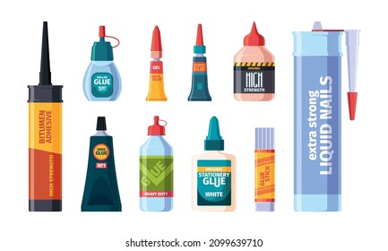 Glue containers. Plastic transparent bottles glue 3d tubes office supplies collection garish vector cartoon illustrations - Shutterstock ID 2099639710