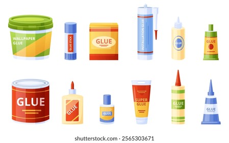 Glue containers set. Cartoon plastic bottles and cans, paper box with glue for different works. Liquids for gluing paper wallpaper cardboard in tubes, nowaday vector clipart