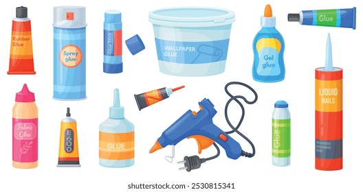 Glue containers. Super glues products in plastic bottle tubes pack, school adhesive stick glueing repair fix tools coller adhesives bottles sealant set, neat vector illustration original artwork