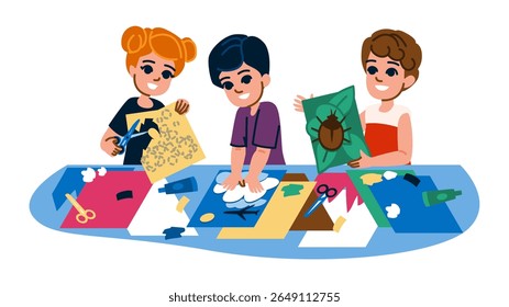 colagem artesanal hobby criança vetor. contas de tesoura, fio de argila, marcadores de tecido colagem artesanato hobby criança personagem. pessoas desenhos animados planos ilustração