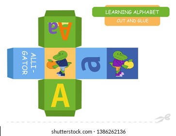 Сut and glue the cube: Letter A. Educational game for kids. Cute zoo alphabet a-z in vector for children. Letter A and funny cartoon alligator.