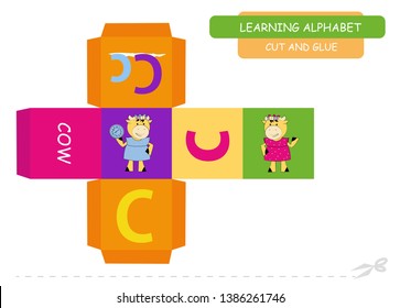 Сut and glue the cube: Letter C. Educational game for kids. Cute zoo alphabet a-z in vector for children. Letter C and funny cartoon cow.