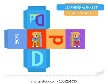 Сut and glue the cube: Letter D. Educational game for kids. Cute zoo alphabet a-z in vector for children. Letter D and funny cartoon dog.