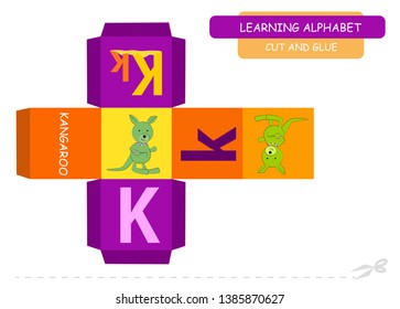 Сut and glue the cube: Letter K. Educational game for kids. Cute zoo alphabet a-z in vector for children. Letter K and funny cartoon kangaroo.
