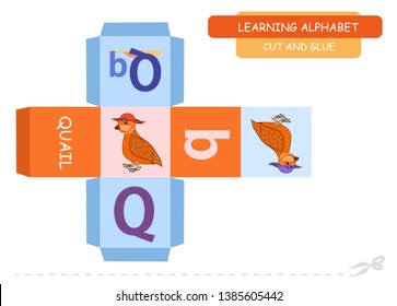 Сut and glue the cube: Letter Q. Educational game for kids. Cute zoo alphabet a-z in vector for children. Letter Q and funny cartoon quail.