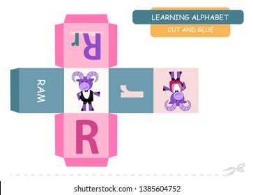 Сut and glue the cube: Letter R. Educational game for kids. Cute zoo alphabet a-z in vector for children. Letter R and funny cartoon ram.