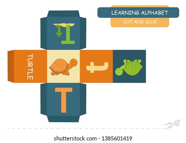 Сut and glue the cube: Letter T. Educational game for kids. Cute zoo alphabet a-z in vector for children. Letter T and funny cartoon turtle.