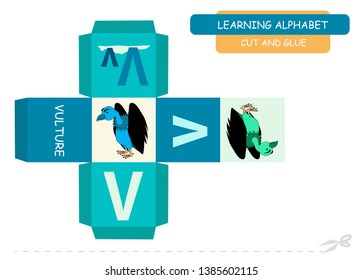Сut and glue the cube: Letter V. Educational game for kids. Cute zoo alphabet a-z in vector for children. Letter V and funny cartoon vulture.