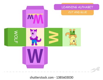 Сut and glue the cube: Letter W. Educational game for kids. Cute zoo alphabet a-z in vector for children. Letter W and funny cartoon wolf.