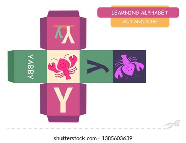 Сut and glue the cube: Letter Y. Educational game for kids. Cute zoo alphabet a-z in vector for children. Letter Y and funny cartoon yabby.