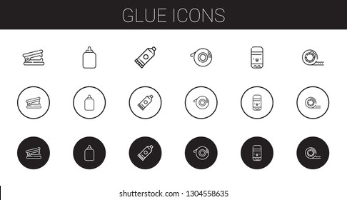 glue icons set. Collection of glue with stapler remover, scotch, glue stick, tape. Editable and scalable icons.