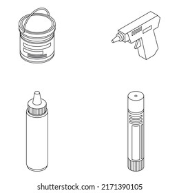 Glue icons set. Isometric set of glue vector icons outline isolated on white background
