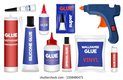 Glue icons set. Realistic set of glue vector icons for web design isolated on white background