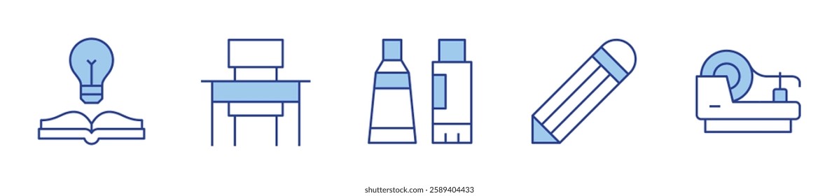 glue, idea, pencil, tape, school desk. School Icon vector illustration. Line Duotone style. Editable stroke.