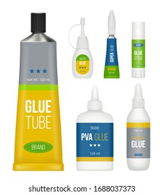 Glue Packages. Stationary Collection Bottles Stick Tubes For Liquid Glue Vector Realistic Set