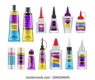 Glue packaging. Glues tubes, realistic adhesive stick and bottle plastic packs 3d isolated vector illustration