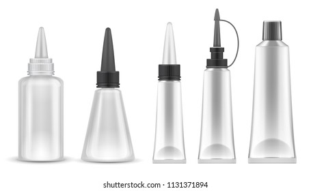 Glue packing. Realistic tubes and bottles for adhesive, tooth paste and cosmetic products. Isolated vector set. Container tube stick, bottle cosmetic illustration