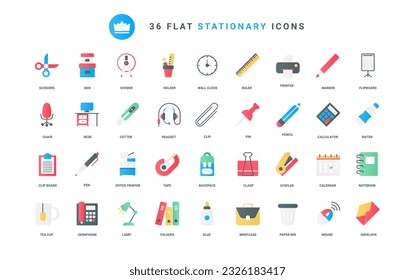 Glue and scissors, staple and ruler, calculator and pencil for school education or office secretary, stationery for workspace. Stationary trendy flat icons set vector illustration