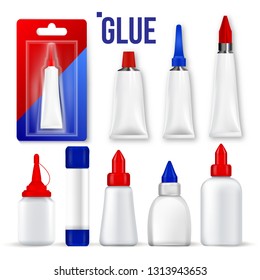 Glue Set Vector. Bottle, Tube, Stick. Super Fast Repair. Moment Gluing Fixing. Stationery Branding Package Mockup Design. 3D Realistic Illustration