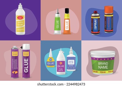 Glue spray bottles containers sticks tubes on color background flat set isolated vector illustration