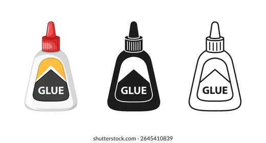Cola e garrafa ícone conjunto coleção em estilo plano. Ilustração de vetor de papelaria escolar em fundo isolado. Conceito comercial de sinal de fornecimento de escritório.