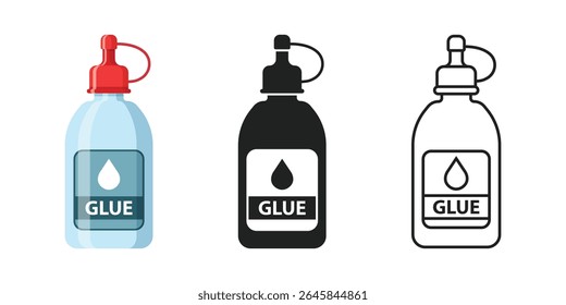 Cola e garrafa ícone conjunto coleção em estilo plano. Ilustração de vetor de papelaria escolar em fundo isolado. Conceito comercial de sinal de fornecimento de escritório.