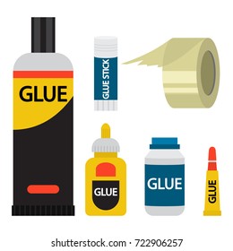 Glue in stick, bottle, tube and adhesive tape vector flat icons set isolated on white background.